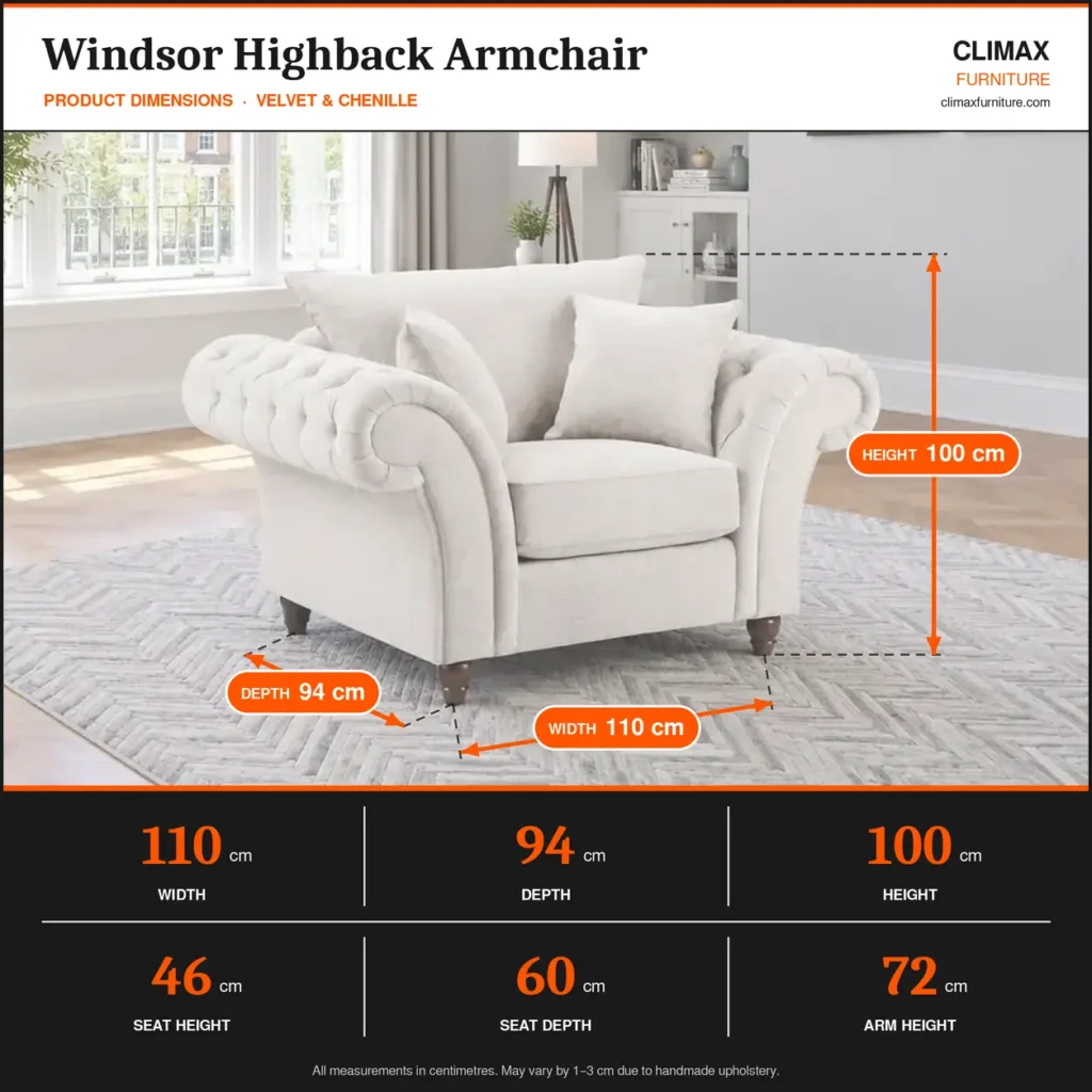 Windsor Highback armchair dimensions – 110cm wide, 94cm deep, 100cm high