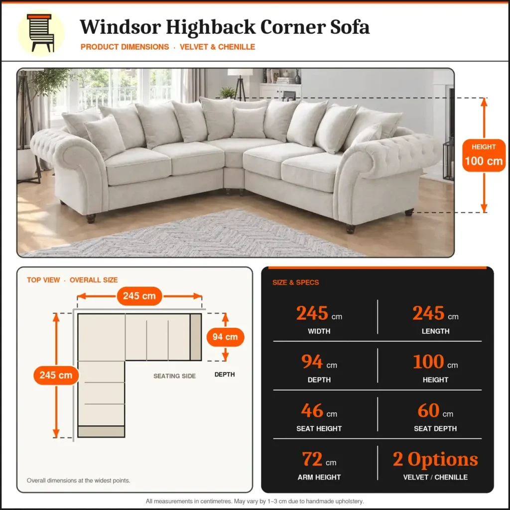Windsor Highback corner sofa dimensions – 245cm x 245cm, 94cm deep, 100cm high (1)