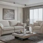 Highback 4 Seater SofaBeige Fabric Traditional Living Room Décor - UK