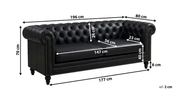 3 Seater Black Leather Chesterfield Sofa Dimensions