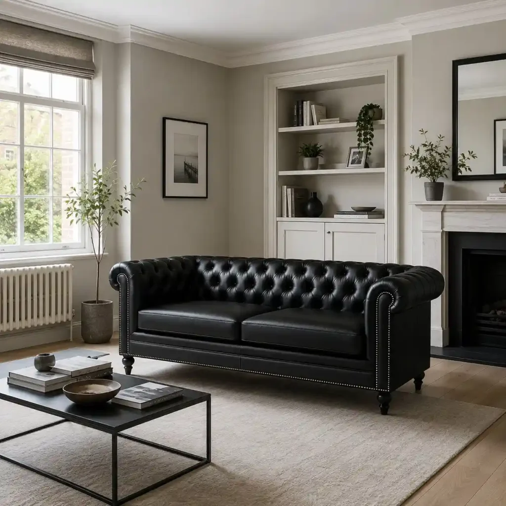 Black Leather 3 Seater Chesterfield Sofa