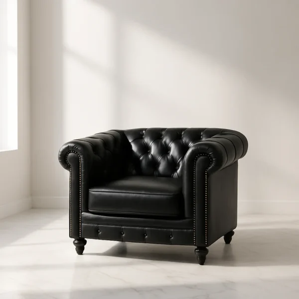 Leather Chesterfield 1 Seater Armchair Sofa in Black color