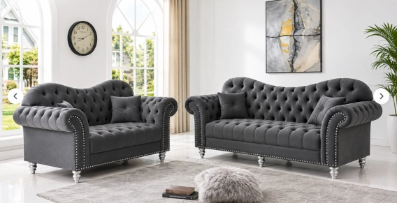Chesterfield charcoal 3+2 sofa set in living room