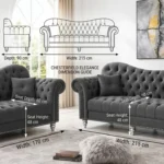 Chesterfield elegance 3+2 seater sofa in lving room with dimension dram. climax furniture.com