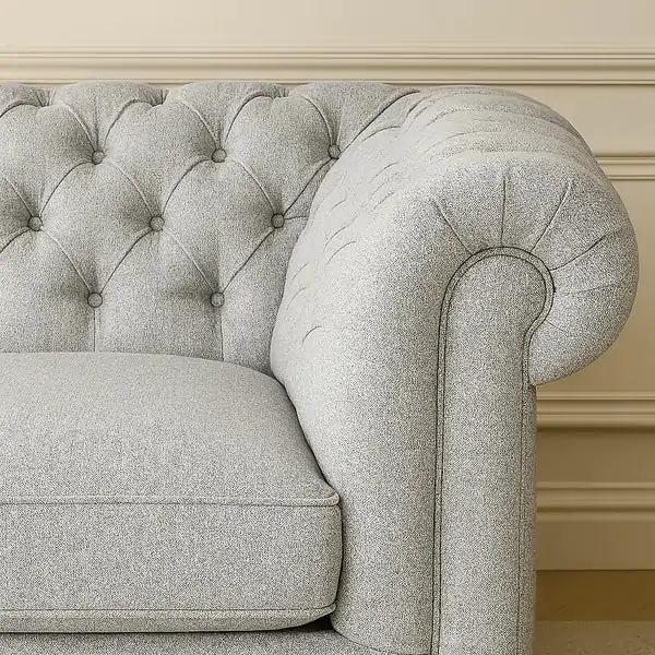 UK Chesterfield Sofa Light Grey Fabric Tufted Rolled Arm Style Living Room