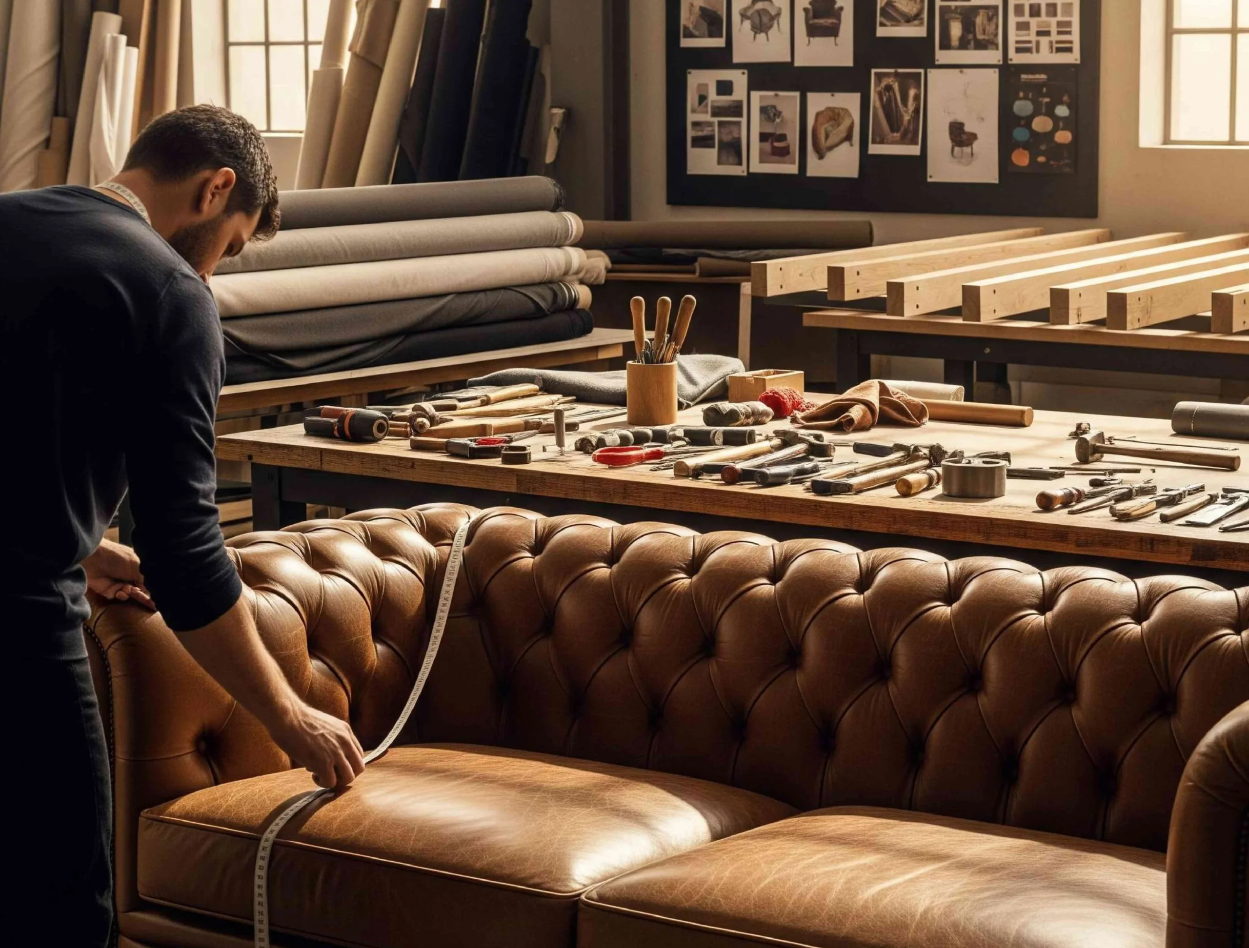 Climax furniture team member making chesterfield sofa .