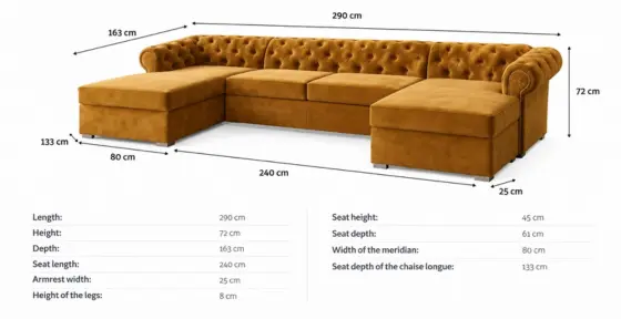 Handcrafted U-Shaped Chesterfield Sofa Dimensions