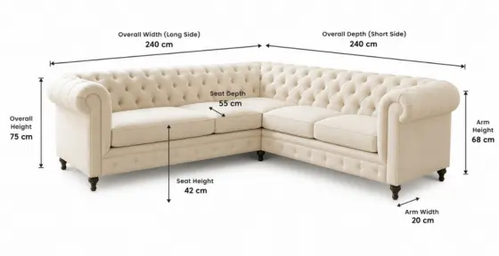 Handcrafted U-Shaped Chesterfield Sofa Dimensions