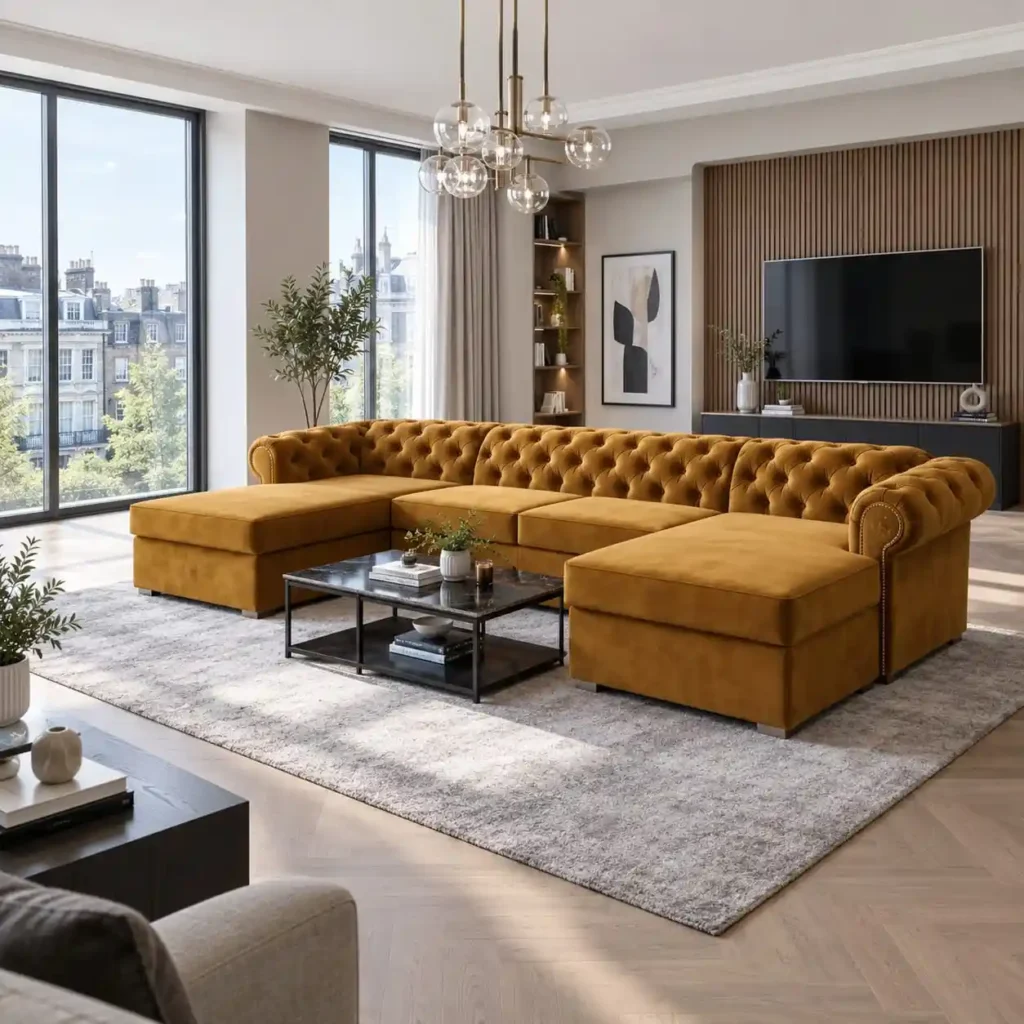 Handcrafted U-Shaped Chesterfield Sofa in Room Setup
