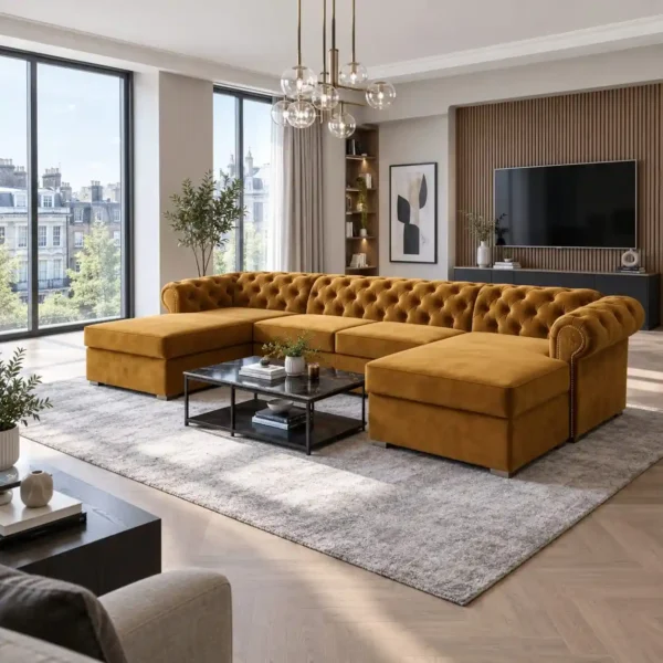 Handcrafted U-Shaped Chesterfield Sofa in Room Setup