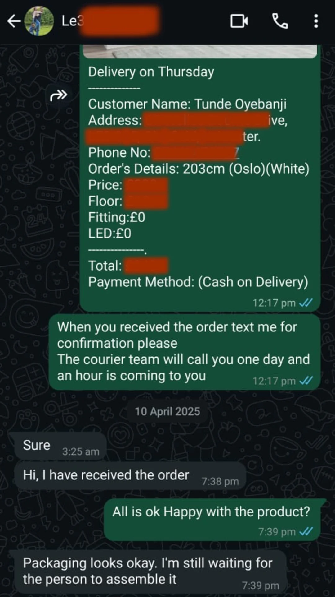 London Sofa customer review