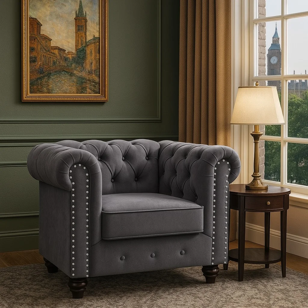 Windsor Grey Chesterfield 1 Seater Sofa – Timeless British Elegance