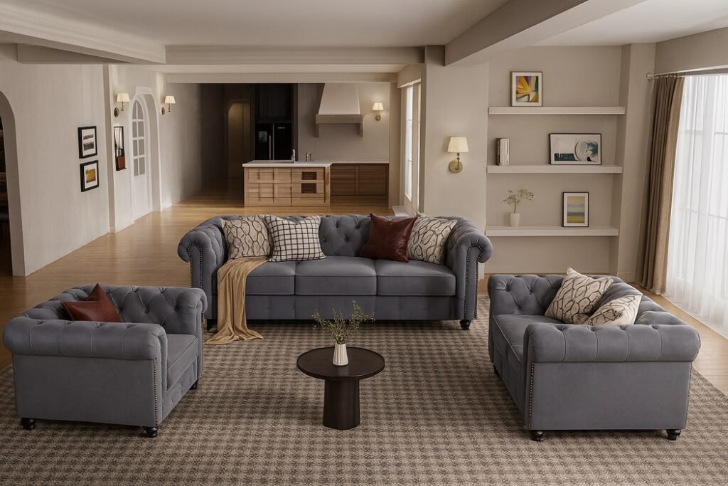 UK Windsor Grey Chesterfield 3+2+1 Sofa Set – Timeless British Elegance