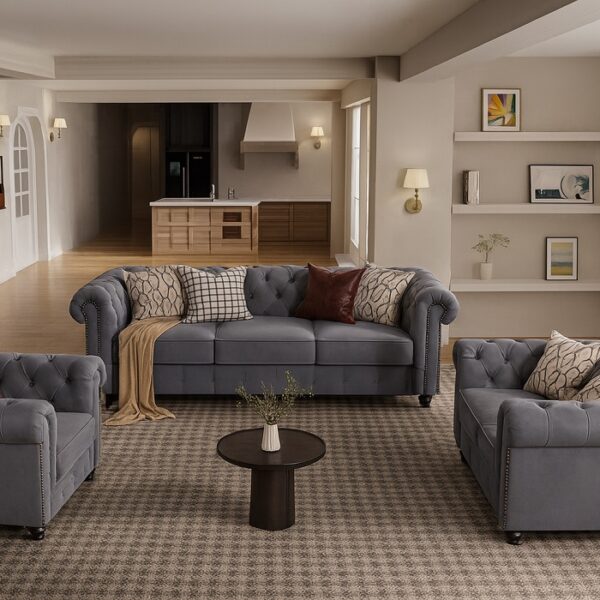 Windsor Grey Chesterfield 3+2+1 Sofa Set – Timeless British Elegance