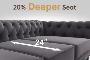 Chesterfield sofa with a fabric instruction. seat size with closeup view