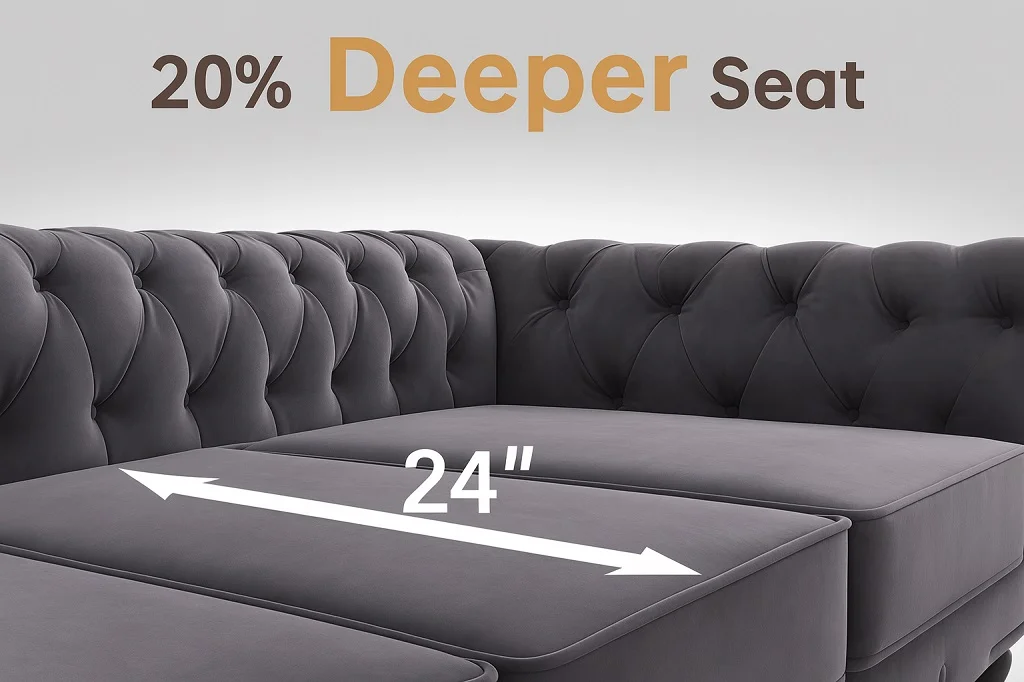 chesterfield sofa with a febric instruction. seat size with closeup view
