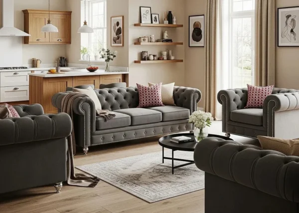 Windsor Grey Chesterfield 3 Seater sofa UK Made with a set 1 scaled