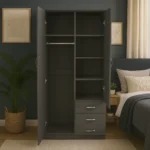 UK dark grey open wardrobe with shelves, hanging rail, and drawers.
