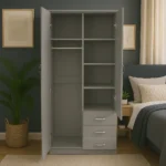 UK grey wardrobe with open doors, shelves, hanging rail, and drawers.