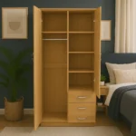 UK wooden wardrobe with open doors, shelves, hanging rail, and drawers.