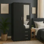 UK black mirrored wardrobe with drawers in modern bedroom.