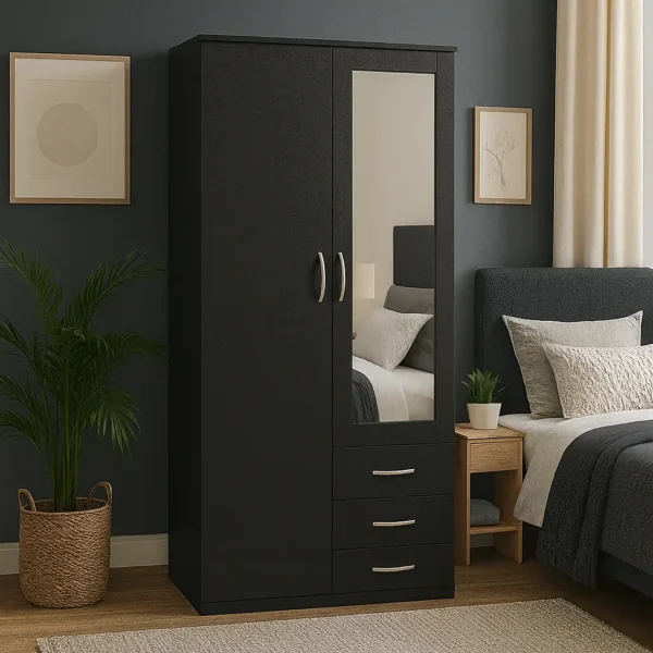 2-Door Wardrobe with Mirror & 3 Drawer in black colour