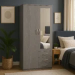 UK grey wood mirrored wardrobe with drawers in bedroom.