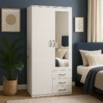 UK white mirrored wardrobe with drawers in modern bedroom.