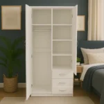 UK white wardrobe with open doors, shelves, hanging rail, and drawers.