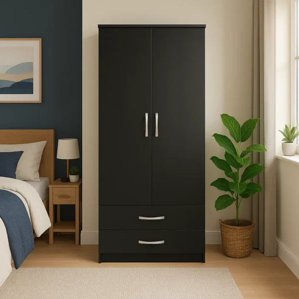 2-Door Wooden Storage Cabinet with 2 Drawer in Black colour