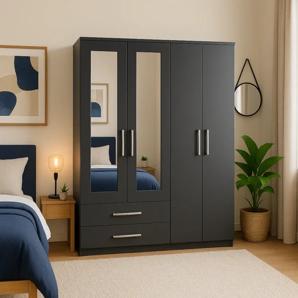 4-Door Wooden Wardrobe with Mirrors & Drawers in Black colour