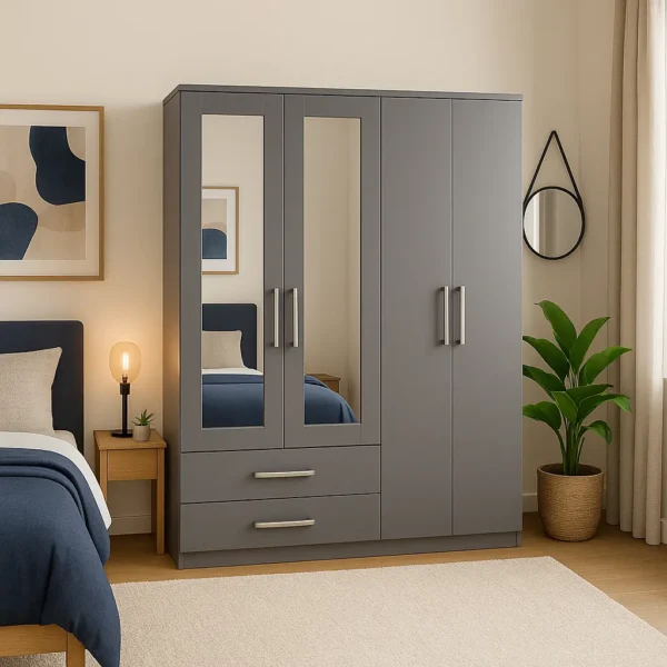 4-Door Wooden Wardrobe with 2 Mirrors & 2 Drawer in Grey colour