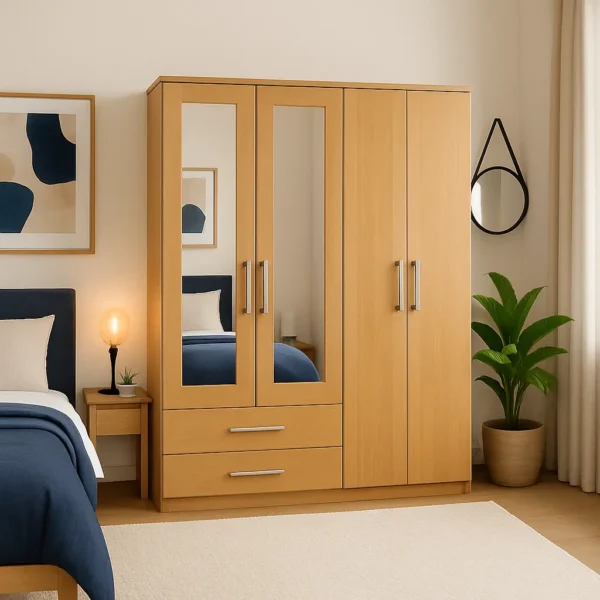 4-Door Wooden Wardrobe with 2 Mirrors & 2 Drawer in Oak colour