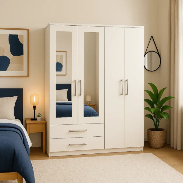 4-Door Wooden Wardrobe with 2 Mirrors & 2 Drawer in white colour