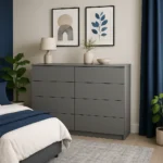 UK grey chest of drawers in modern bedroom.