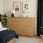 UK oak chest of drawers in modern bedroom.