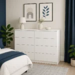 UK white chest of drawers in modern bedroom.
