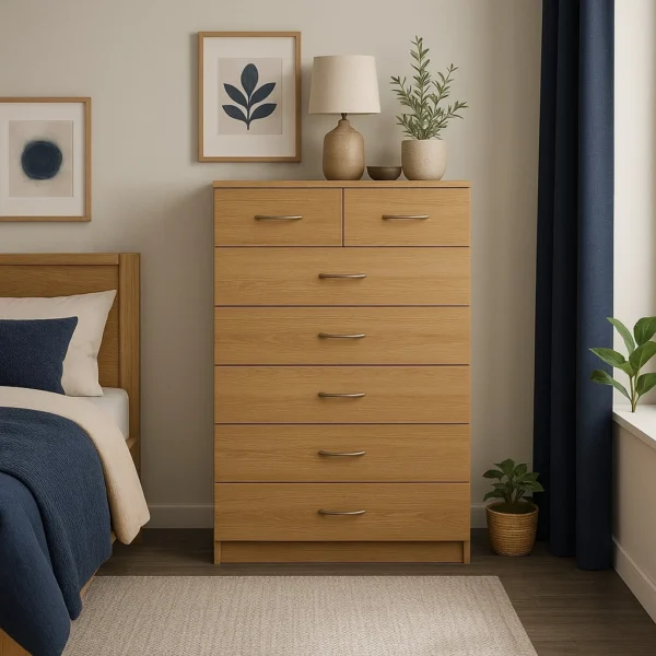 ArdenTall Chest – 6 Drawer Storage in Oak color.