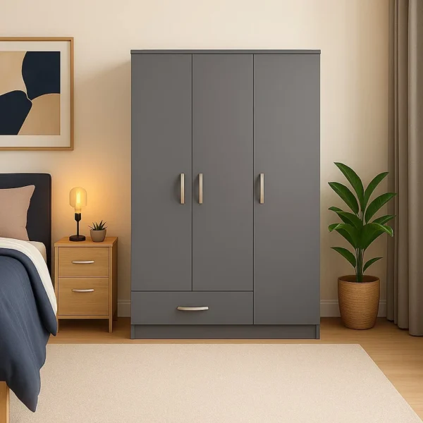 Lunara 3 Door Wardrobe with Drawer in Grey color(3)