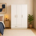 Minimalist White 3-Door Wardrobe with Drawer – UK Style