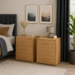 UK oak bedside cabinets with three drawers in bedroom.