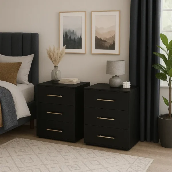 Pair of 3-Drawer Wooden Bedside Table in black colour