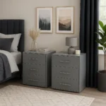 UK grey bedside cabinets with three drawers in modern bedroom.