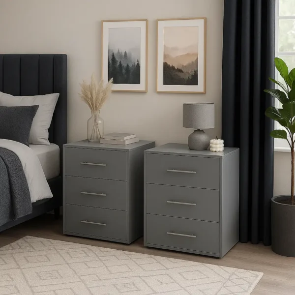 Pair of 3-Drawer Wooden Bedside Table in grey colour