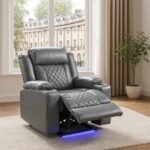 UK grey leather recliner chair with footrest.