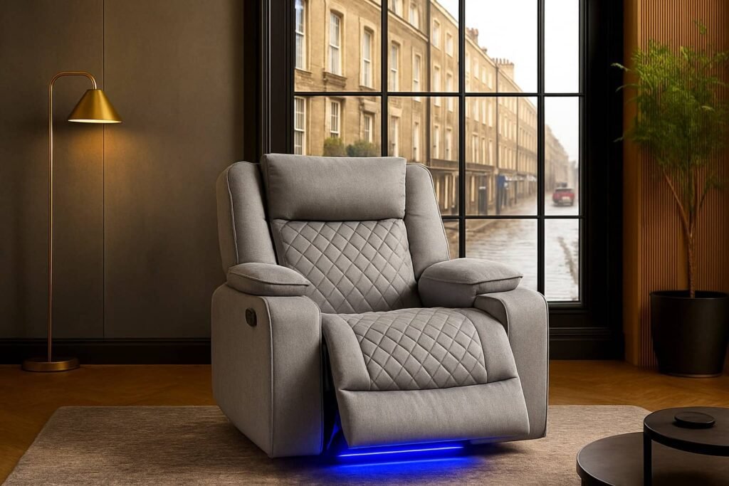 UK grey recliner chair with LED base lighting.