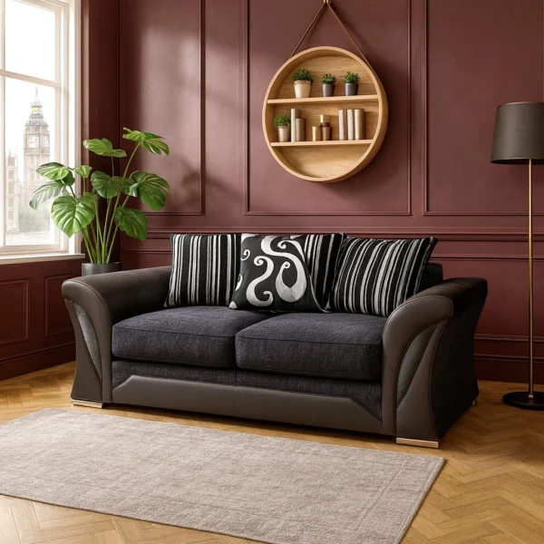 UK dark fabric three-seater sofa in stylish living room.