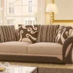 UK fabric three-seater sofa in elegant living room.