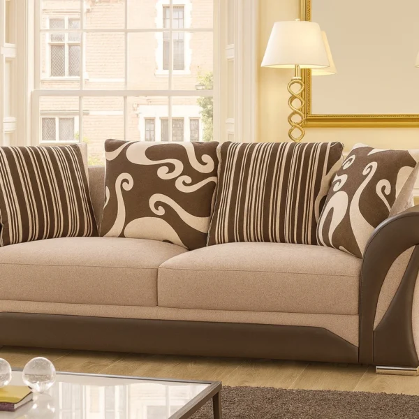 UK fabric three-seater sofa in elegant living room.