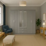 UK large grey mirrored wardrobe with drawers in bedroom.